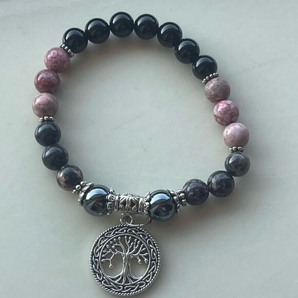 Rose coral jasper rhodonite hematite obsidian tree of life ONE NEW stretch brace - Picture 16 of 16